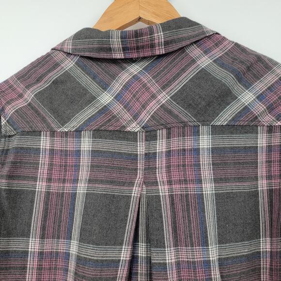 Cloth & Stone Women's High Low Raw Frayed Hem Plaid Button Down Shirt Gray Small - Picture 6 of 13